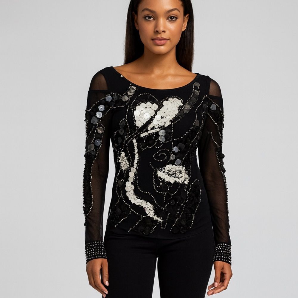 Cache Black Mesh Sequin Beaded Top Women’s Small Long Sleeve Evening Blouse